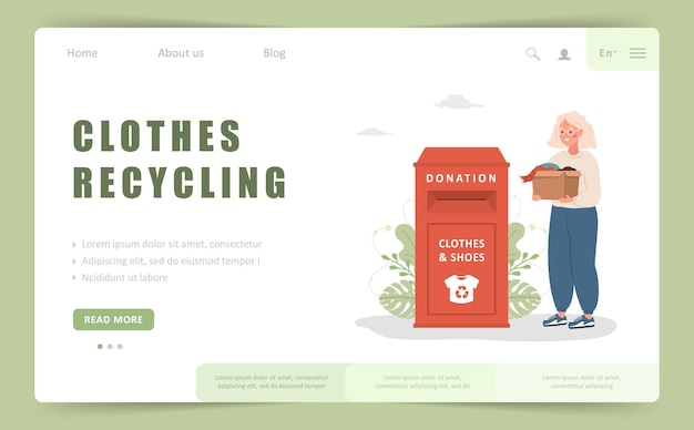 Clothes recycling landing page template Elderly woman with cardboard box gives things for donation