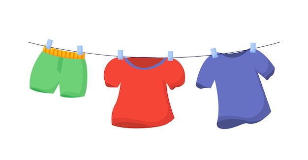 Clothes at rope concept Green shorts red and blue tshirts Washing and drying Apparel drying outdoor Routine and household chores Cartoon flat vector illustration isolated on white background