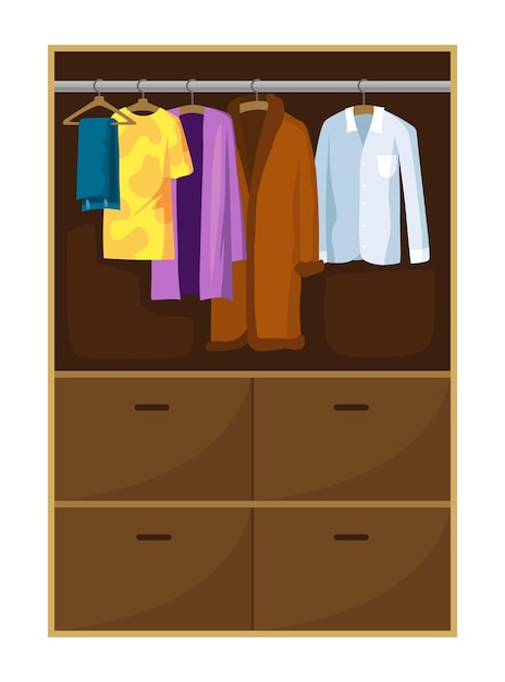 Clothes wardrobe room full of woman clothes Furniture with shelves for accessories Boutique interior design concept Flat style vector illustration