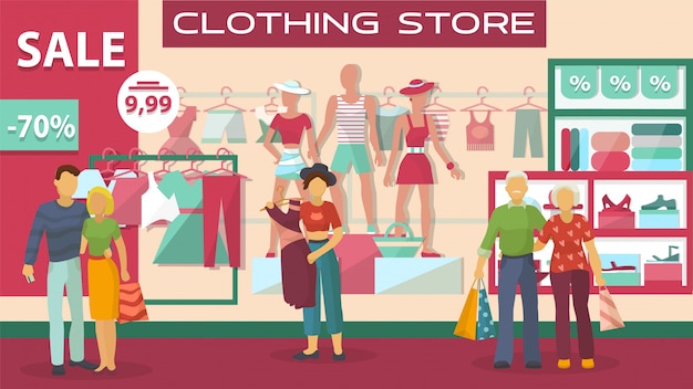 Clothing buyers on sale at store, people young and adults shop at boutique on background of showcase   illustration.