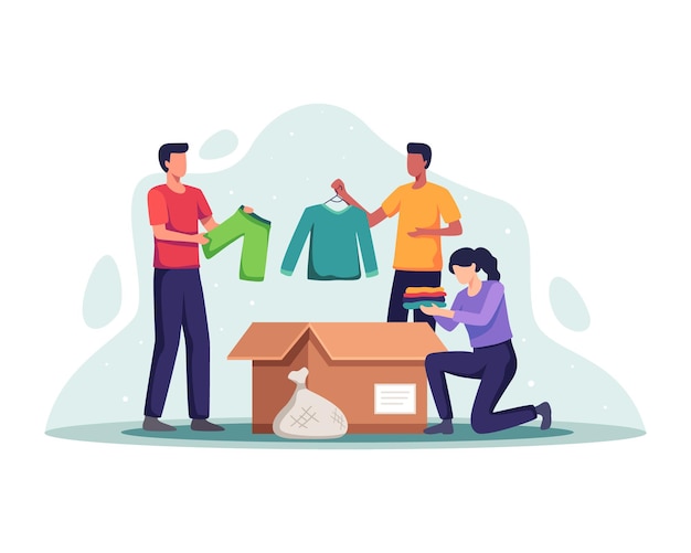 Clothing donation concept. Volunteers with donation box and packing clothes, Woman putting clothes in donation box. People donating clothing, Reuse, Second hand. Vector illustration in a flat style