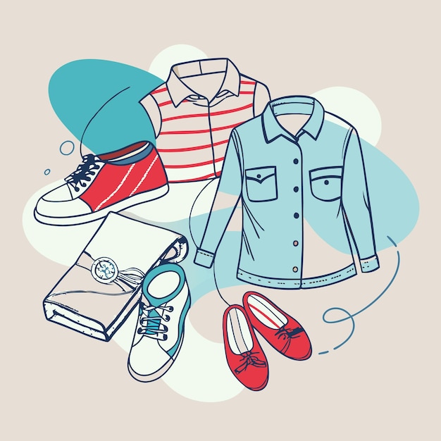 Vector clothing and shoes illustration featuring casual wear and accessories