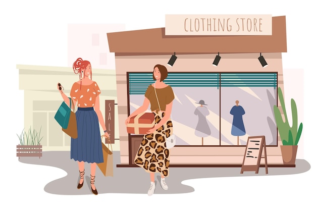 Clothing store building web concept. Two women buying stylish clothes in boutique. Girlfriends meeting and shopping together