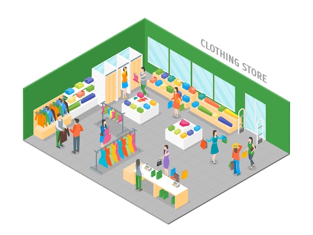 Clothing Store Interior with Furniture Isometric View Vector