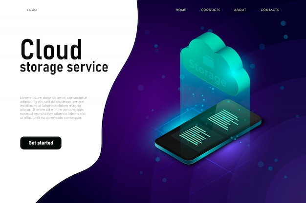 Cloud access to data, cloud storage system, isometric illustration concept with isometric cloud and  realistic smartphone