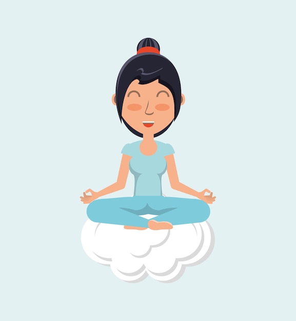 cloud and cartoon woman practicing yoga in a lotus pose icon