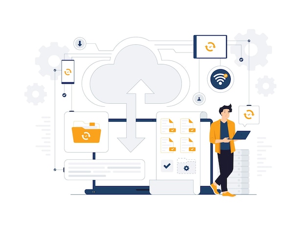 Cloud computing Big data source center online storage hosting network system server room concept illustration