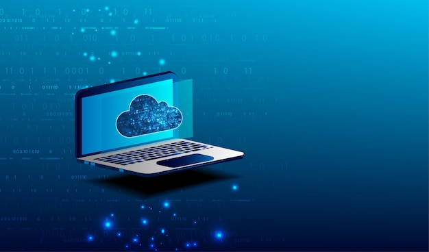 Cloud computing concept. laptop connection on cloud storage for collaboration work with remote teams. Cooperation work via internet and work with project in shared access.