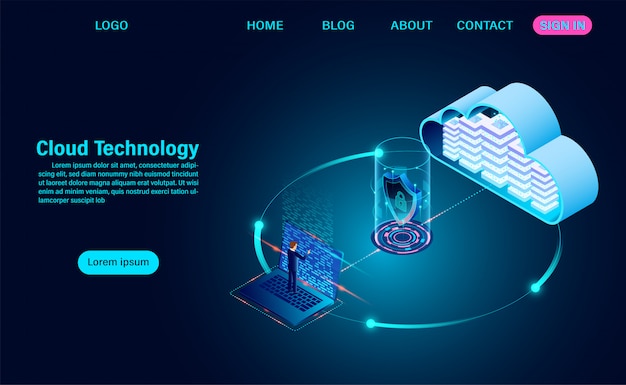 Cloud computing concept. online computing technology. Internet security with data transfer information. isometric flat design  illustration.