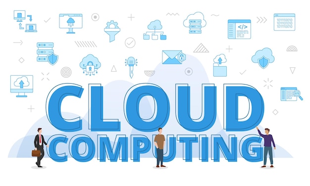 Cloud computing concept with big words and people surrounded by related icon with blue color style