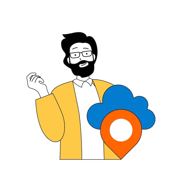 Cloud computing concept with cartoon people in flat design for web Man sharing location pin using cloud technology infrastructure Vector illustration for social media banner marketing material