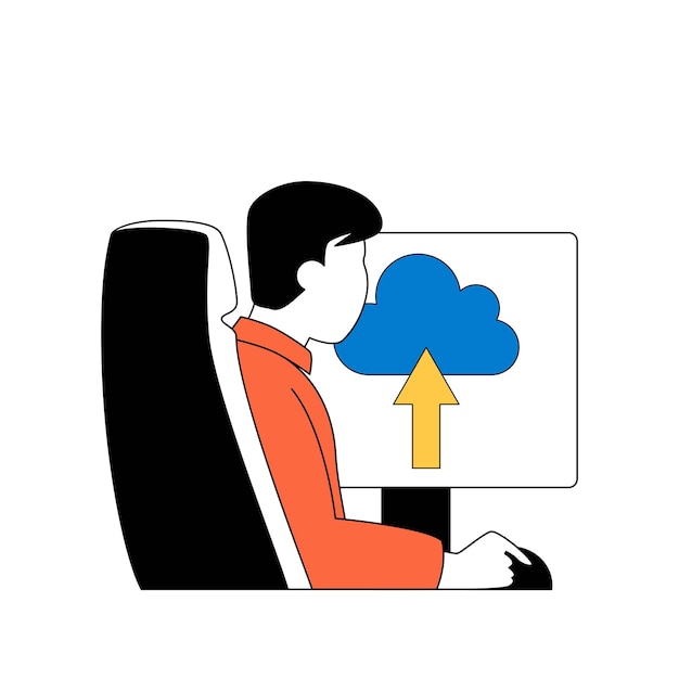 Vector cloud computing concept with cartoon people in flat design for web man uploading data to online storage platform from computer vector illustration for social media banner marketing material