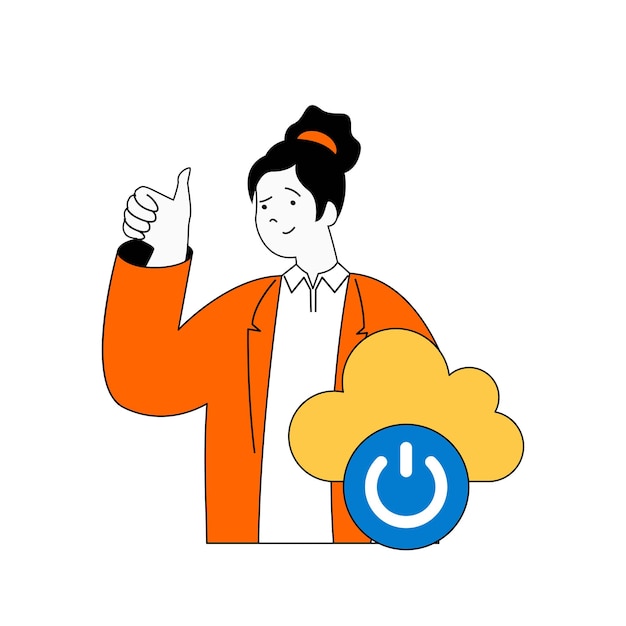 Cloud computing concept with cartoon people in flat design for web Woman using hosting service database processing with data backup Vector illustration for social media banner marketing material