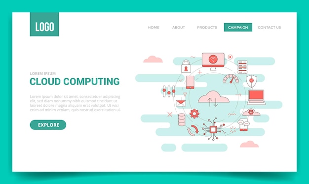 Cloud computing concept with circle icon for website template or landing page, homepage with outline style