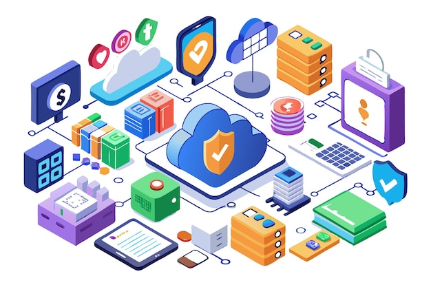 Vector cloud computing concept with icons illustrating secure data storage online payments mobile apps and other services