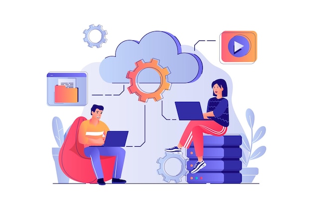 Cloud computing concept with people scene Man and woman processing information at laptops using cloud technology data storage and backup Vector illustration with characters in flat design for web