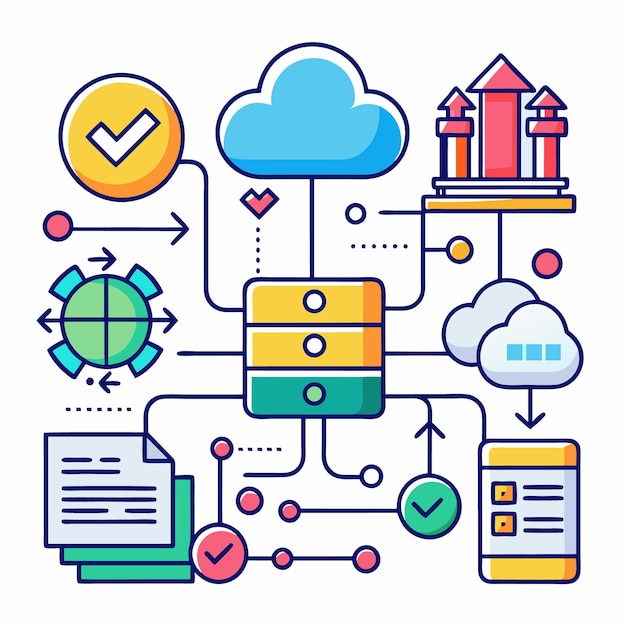 Vector cloud computing and data storage network illustration