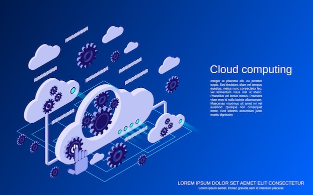 Cloud computing, network, data processing flat isometric vector concept illustration