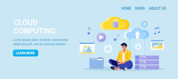 Cloud computing online database web hosting People storing data and processing data on web server Man using computer upload and download information on cloud storage Vector design