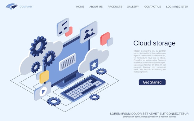 Cloud data storage data backup synchronization flat 3d isometric vector concept illustration