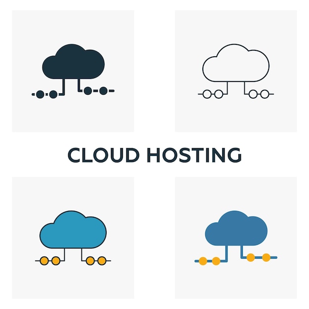 Cloud Hosting icon set Four elements in diferent styles from big data icons collection Creative cloud hosting icons filled outline colored and flat symbols