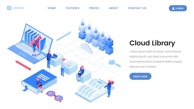 Cloud library service landing page isometric template