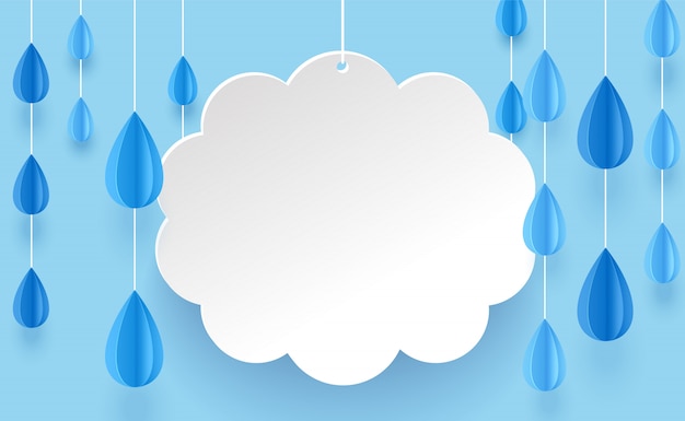 Cloud and rain chandelier in paper art style on a blue background.