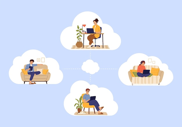 Cloud service People working and chatting from home in internet Web work community freelance Remote study students learning with gadgets vector concept