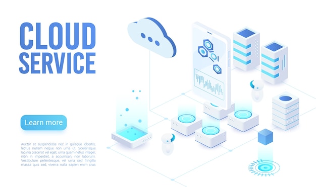 Cloud service soft light landing page isometric  template. Programmer synchronizing personal information. Database neon storage, data encryption and protection. Cloud computing website homepage