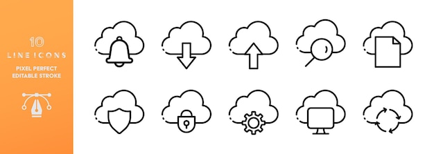 Cloud set icon Editable stroke Cloud storage download upload refresh shield gear neural network data store database remote access artificial intelligence Vector line icon