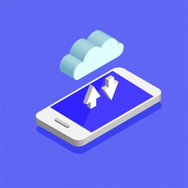 Cloud storage concept. Smartphone connected with cloud. Download process.  illustration.