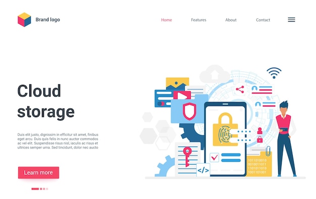 Cloud storage cyber protection concept landing page cybersecurity digital technology