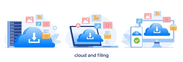 Cloud storage and filing, gallery, data, database, data center, file management, flat illustration vector template