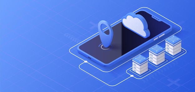 Cloud storage isometric illustration Data server platform Computer service technology