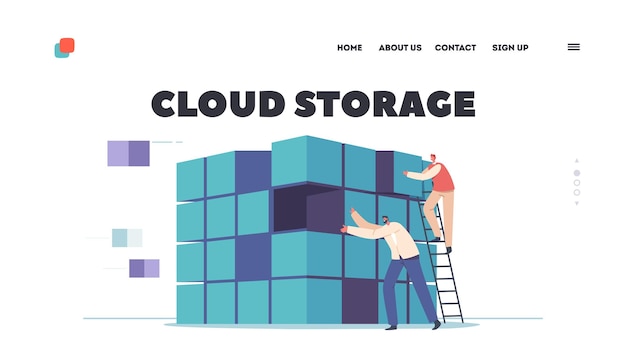 Vector cloud storage landing page template tiny characters computation of big data in datacenter information processing