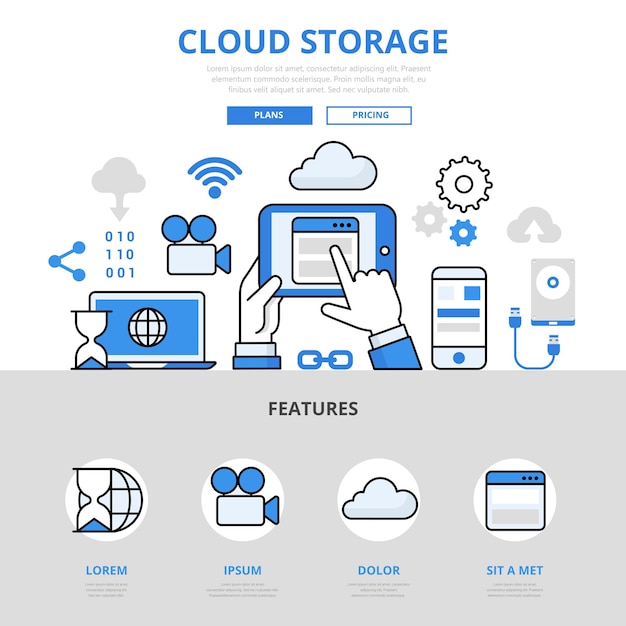 Cloud storage mobile app concept flat line style.