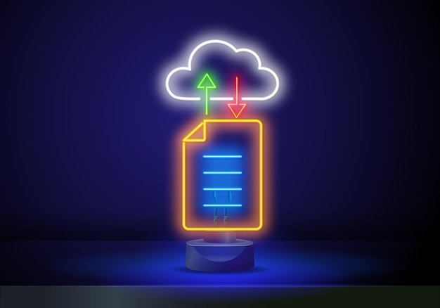 Cloud storage neon light sign vector glowing bright icon cloud storage sign transparent symbol illus