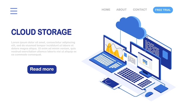 Cloud storage technology. Data backup. Isometric laptop, computer with phone. Hosting service