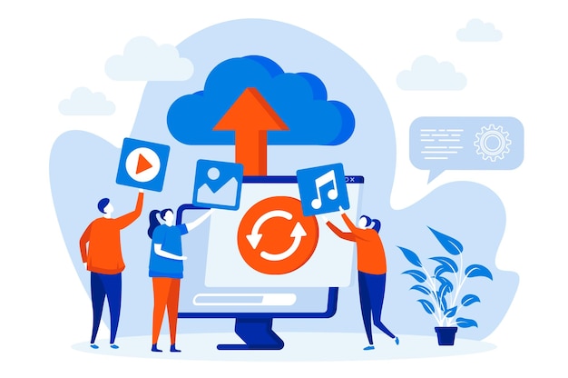 Cloud storage web concept with people characters illustration