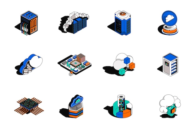 Cloud technology 3d isometric icons set Pack elements of racks computer microchip network