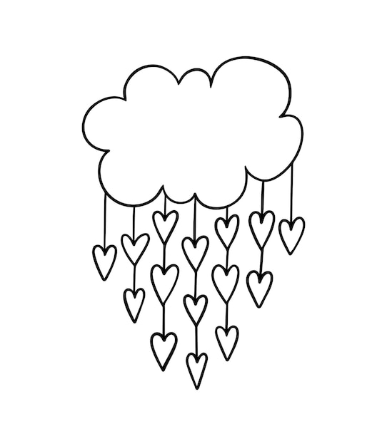 Cloud weather phenomenon with hearts on strings doodle linear cartoon coloring book