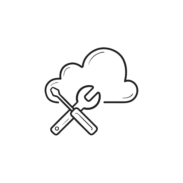 Cloud with wrench and screwdriver hand drawn outline doodle icon. Cloud setting, database maintenance concept