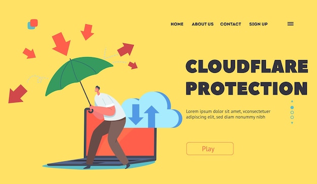 Cloudflare Protection Landing Page Template Hacker Attack And Safety Digital Technology Concept Man with Umbrella