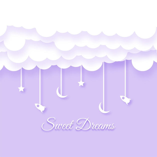 Clouds background with stars moons and rockets Paper cut Illustration