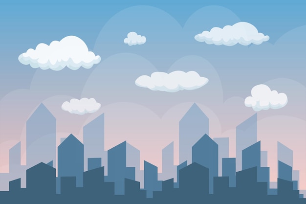 Clouds on blue sky vector illustration Morning city skyline Buildings silhouette big city Flat cityscape with blue sky white clouds Flat blue sky white clouds