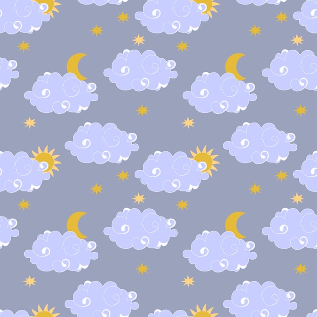 Clouds in the sky sun moon and stars Seamless pattern vector illustration