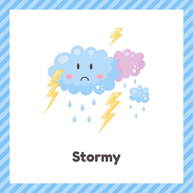 Clouds thunderstorm Cute weather stormy for kids Flash card for learning with children in preschool kindergarten and school