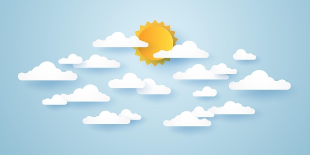 Cloudscape, blue sky with clouds and sun, paper art style