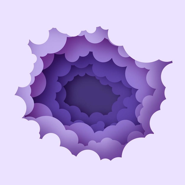 Cloudy paper cut art Night sky clouds paper craft style Volumetric cloudscape Round frame Layered tunnel Violet Vector