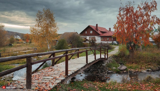 Vector a cloudy rural landscape autumn at dusk a bridge over a stream cottages and a village